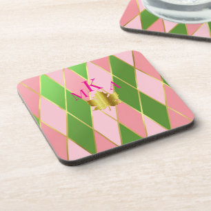 Stylish Pink & Green Argyle Monogram Beverage Coaster