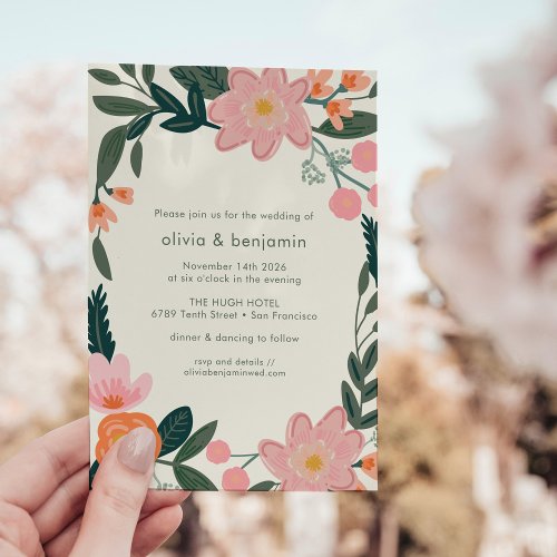 Stylish Pink Green Backyard Garden Floral Wedding Invitation