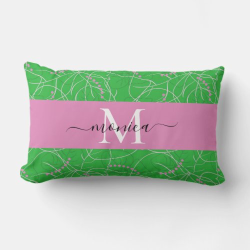Stylish Pink Green Botanical Tropical Monogram Lumbar Pillow