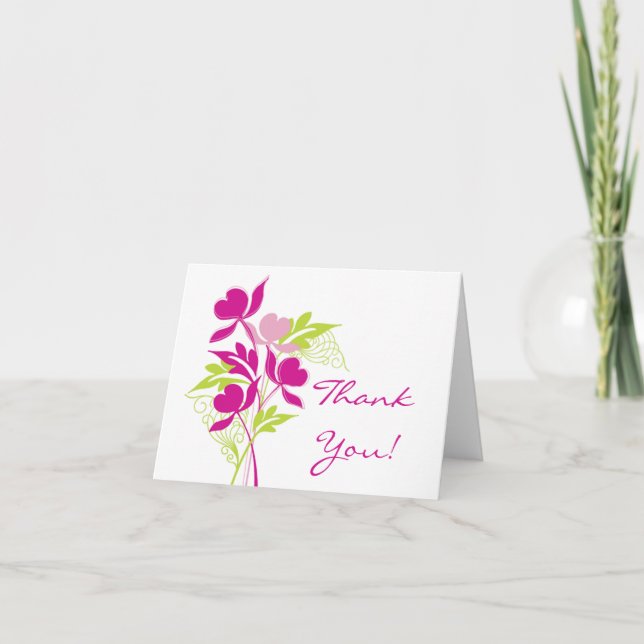 Stylish Pink & Green Bouquet Thank You Note Card (Front)