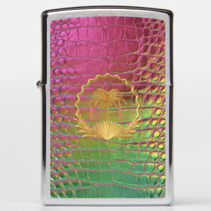 Stylish Pink Green Croc Monogram Gold Palm Zippo Lighter