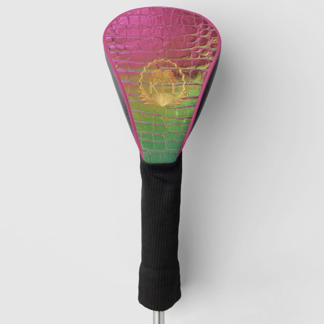 Stylish Pink Green Iridescent Croc Monogram  Golf Head Cover (Front)