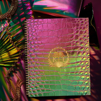 Stylish Pink Green Iridescent Croc Monogram Notebook