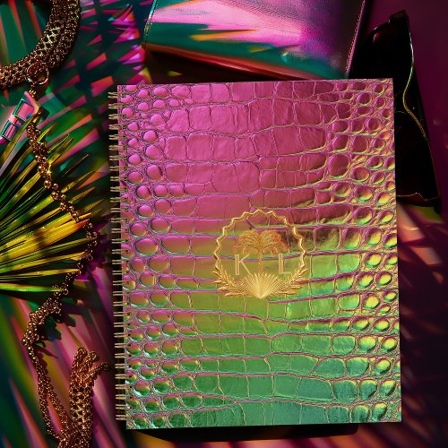 Stylish Pink Green Iridescent Croc Monogram  Notebook