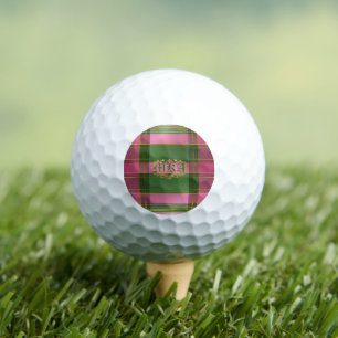 Stylish Pink Green Plaid Monogram Golf Luxe Balls