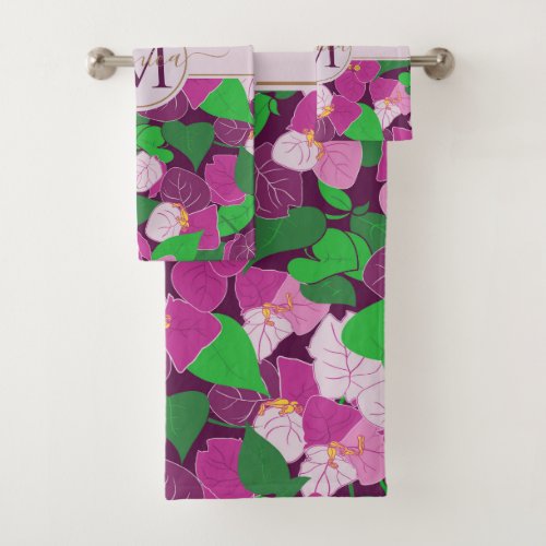 Stylish Pink Green Tropical Floral Monogram Bath Towel Set