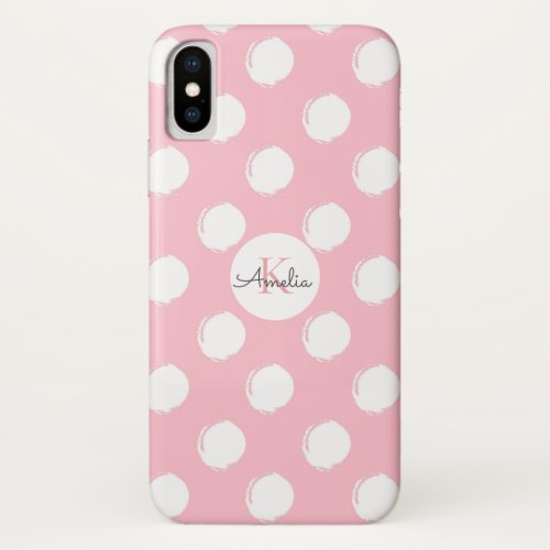 Stylish Pink Hand Painted Polka Dot Monogram iPhone XS Case