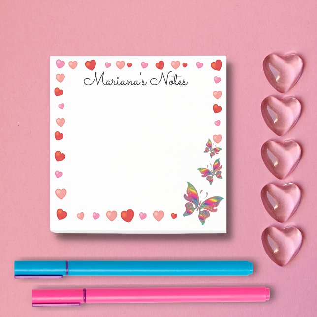 stylish pink hearts and butterflies personalize post-it notes (Creator Uploaded)