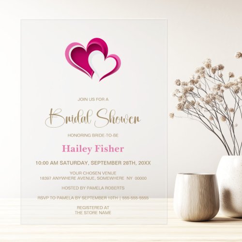 Stylish Pink Hearts Bridal Shower Acrylic Invitations