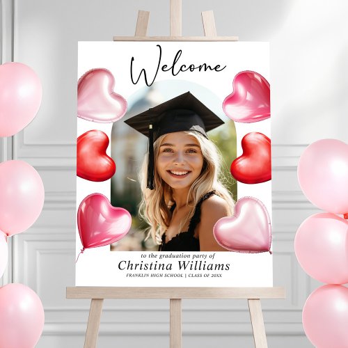 Stylish Pink Hearts Photo Graduation Welcome Sign