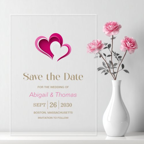 Stylish Pink Hearts Wedding Acrylic Invitations