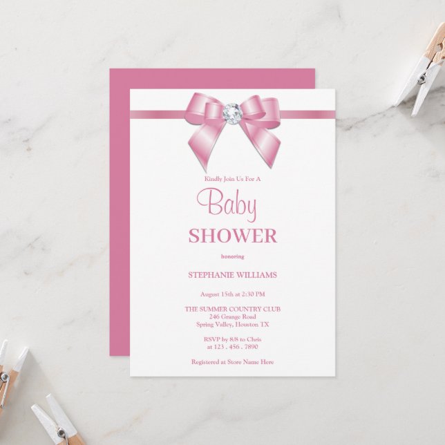 Stylish Pink Jewel Bow Baby Shower Invitation (Front/Back In Situ)