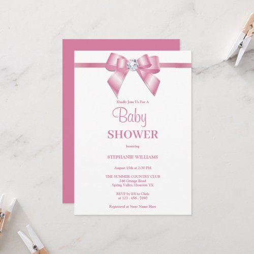 Stylish Pink Jewel Bow Baby Shower Invitation
