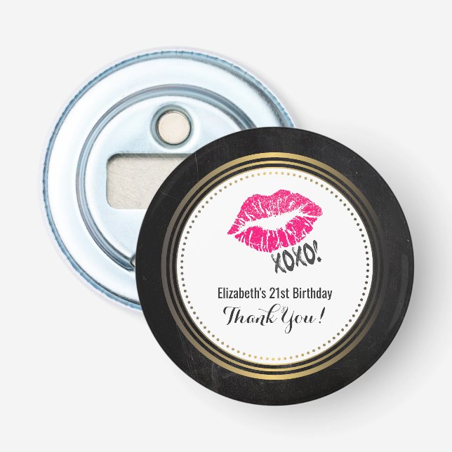 Stylish Pink Kissy Lips w/ xoxo! Birthday Thanks Bottle Opener (Front)