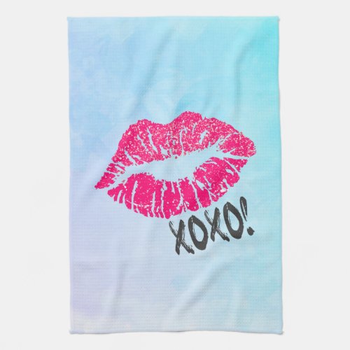 Stylish Pink Kissy Lips with xoxo Blue Watercolor Kitchen Towel