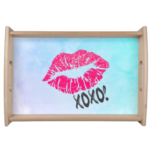 Stylish Pink Kissy Lips with xoxo Blue Watercolor Serving Tray