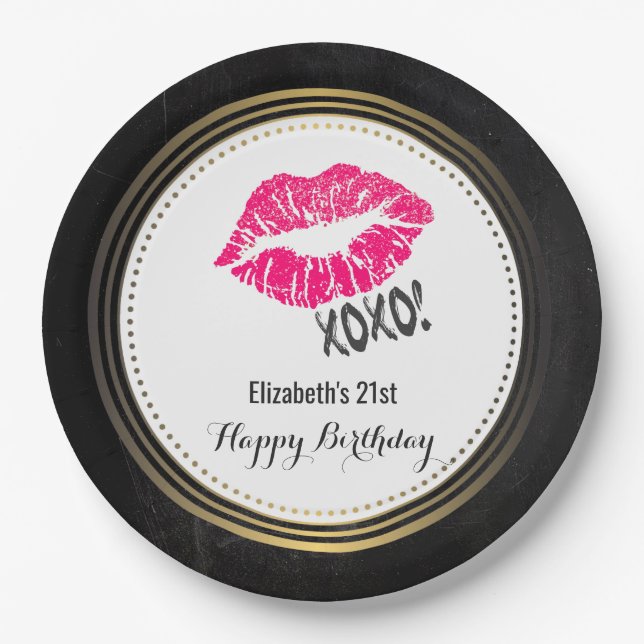 Stylish Pink Kissy Lips with xoxo! Happy Birthday Paper Plates (Front)