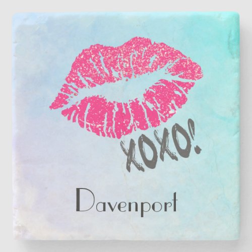 Stylish Pink Kissy Lips with xoxo Personalized Stone Coaster