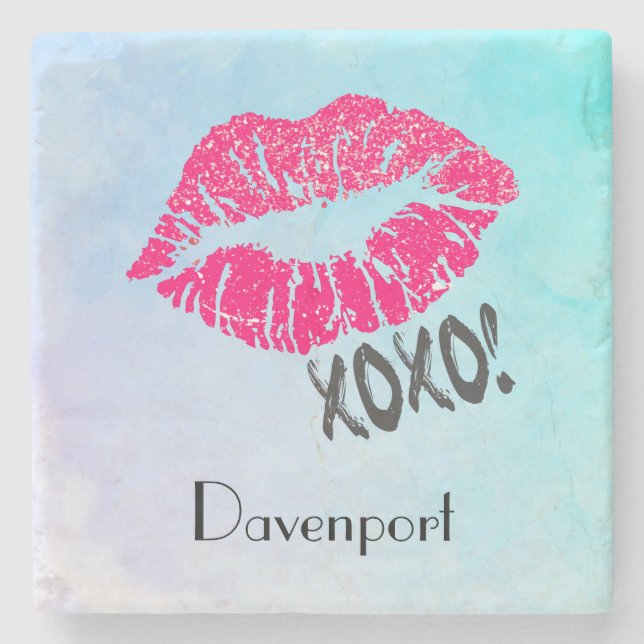 Stylish Pink Kissy Lips with xoxo! Personalized Stone Coaster (Front)