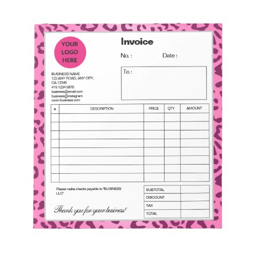 Stylish Pink Leopard Print Invoice Notepad
