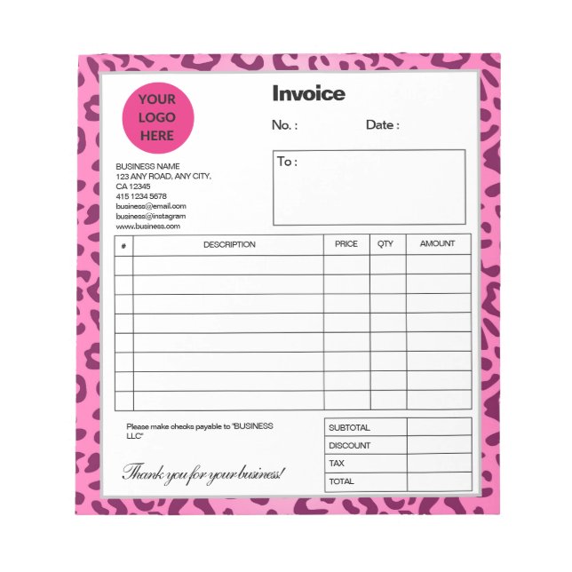 Stylish Pink Leopard Print Invoice Notepad (Front)