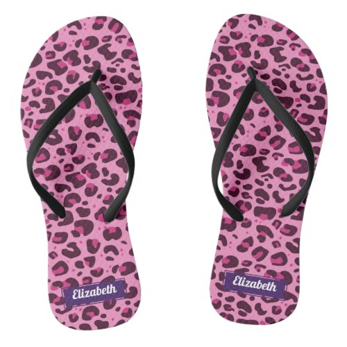 Stylish pink leopard spots with name flip flops