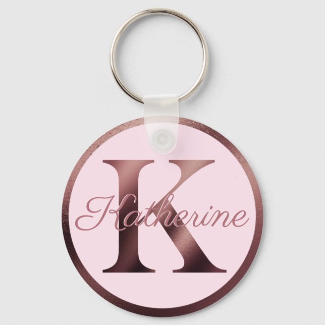 Stylish Pink Letter K Rose Gold Metallic Monogram Keychain (Front)