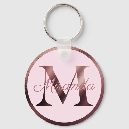 Stylish Pink Letter M Rose Gold Metallic Monogram Keychain