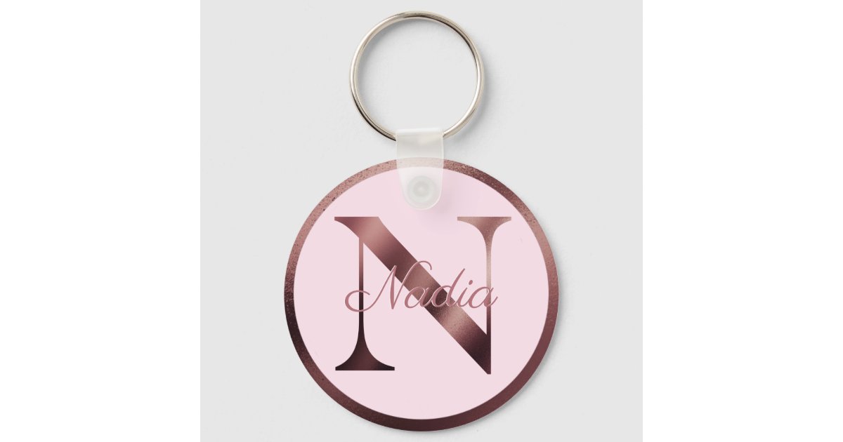 Blush Pink Brushed Metal Glitter Monogram Name Keychain