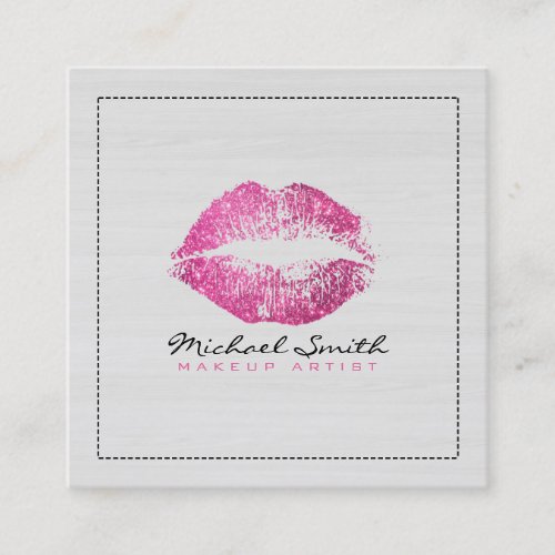 Stylish Pink Lips Makeup Artist Modern Wood Square Business Card