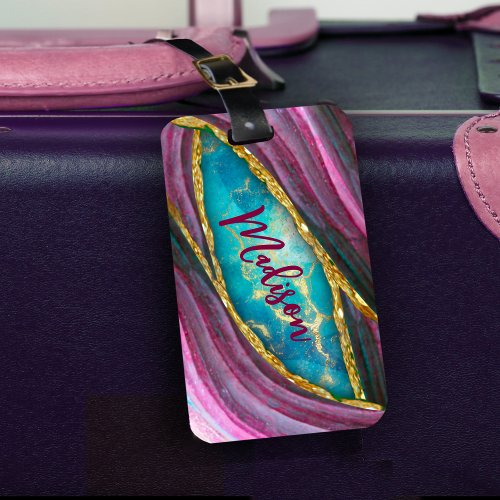 Stylish pink marble art faux gold glitter luggage tag