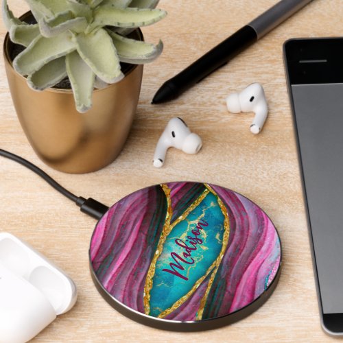 Stylish pink marble art faux gold glitter wireless charger 