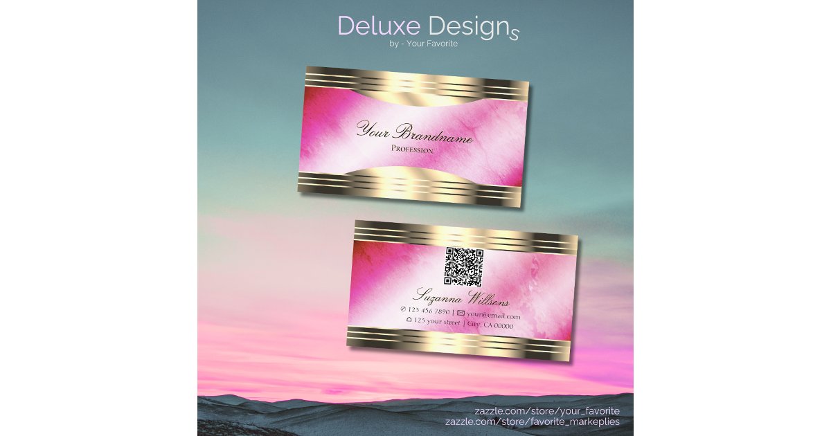 Stylish Pink Marble Chic Gold Borders with QR Code Business Card | Zazzle