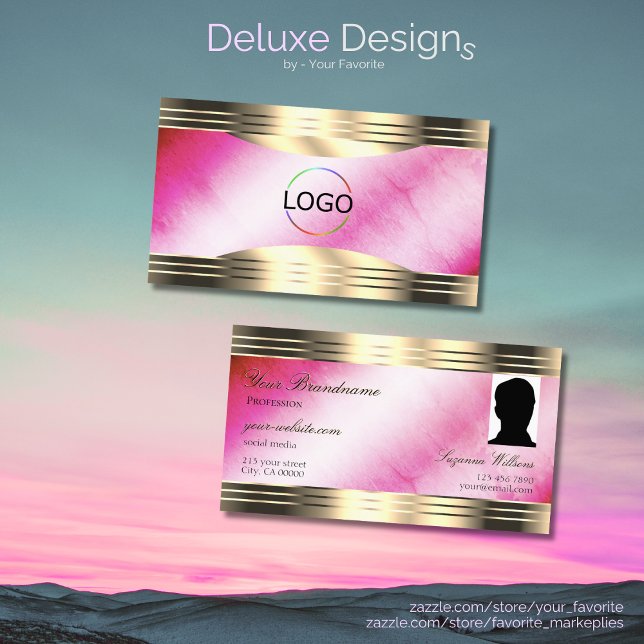 Stylish Pink Marble Gold Border Logo and Photo Business Card (Creator Uploaded)