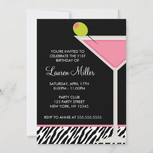 Pink Martini and Zebra Pattern Custom Invitation