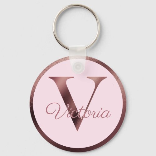 Stylish Pink Metallic Rose Gold Monogram Letter V Keychain