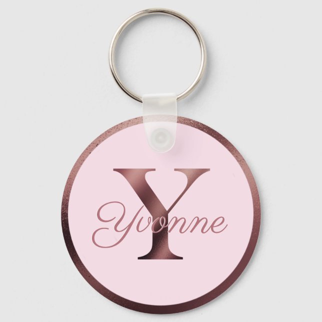 Stylish Pink Metallic Rose Gold Monogram Letter Y Keychain (Front)