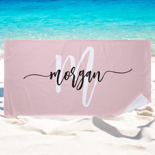 Stylish Pink Modern Script Girly Monogram Name Beach Towel