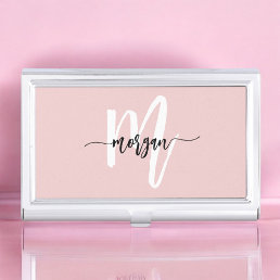 Stylish Pink Modern Script Girly Monogram Name Business Card Case