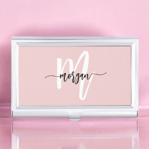 Stylish Pink Modern Script Girly Monogram Name Business Card Case