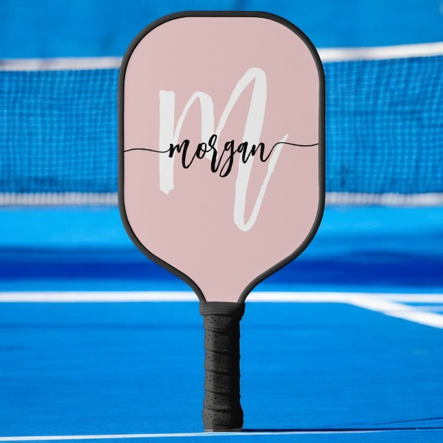 Stylish Pink Modern Script Girly Monogram Name Pickleball Paddle (Creator Uploaded)
