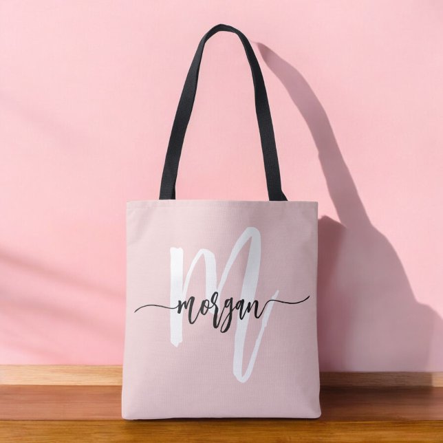 Stylish Pink Modern Script Girly Monogram Name Tote Bag (Creator Uploaded)