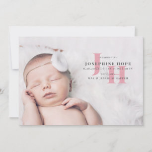 Stylish Pink Monogram Baby Photo Birth Announcement