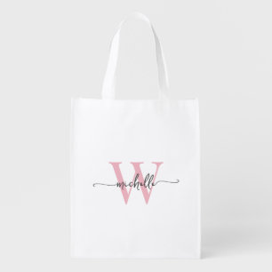 Stylish Pink Monogram Black Name Girly Script Grocery Bag