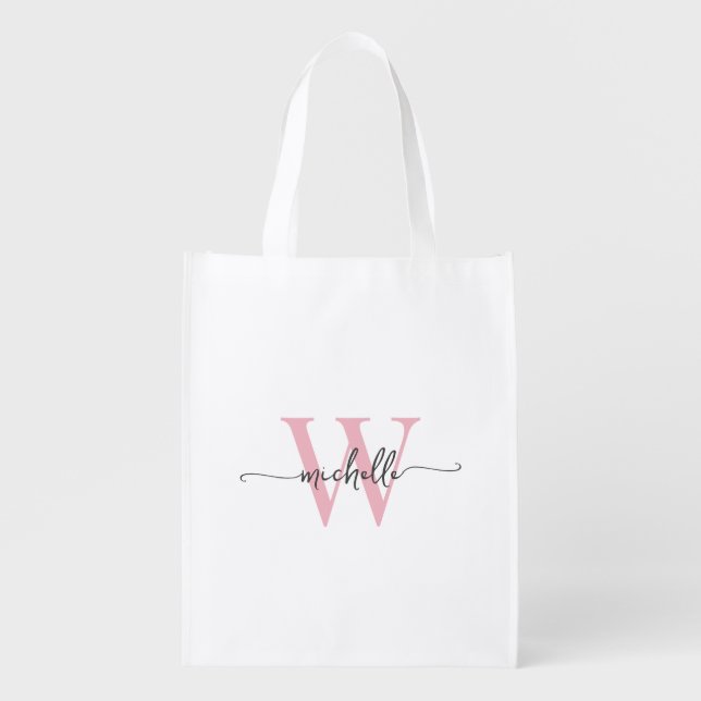 Stylish Pink Monogram Black Name Girly Script Grocery Bag (Front)