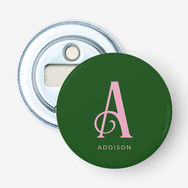 Stylish Pink Monogram Initial Name Dark Green Bottle Opener (Front)