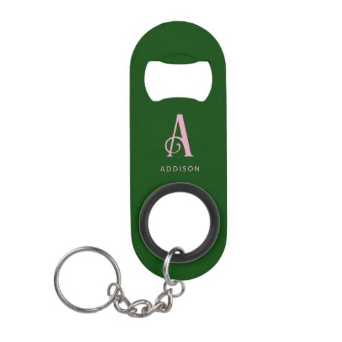 Stylish Pink Monogram Initial Name Dark Green Keychain Bottle Opener