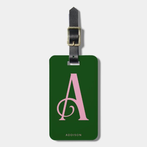 Stylish Pink Monogram Initial on Dark Green Luggage Tag