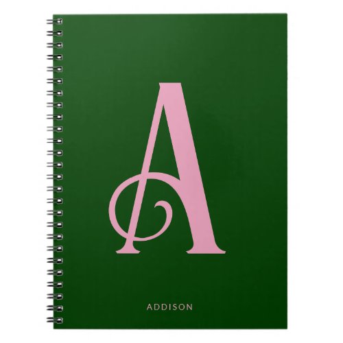 Stylish Pink Monogram Initial on Dark Green Notebook