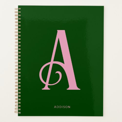 Stylish Pink Monogram Initial on Dark Green Planner